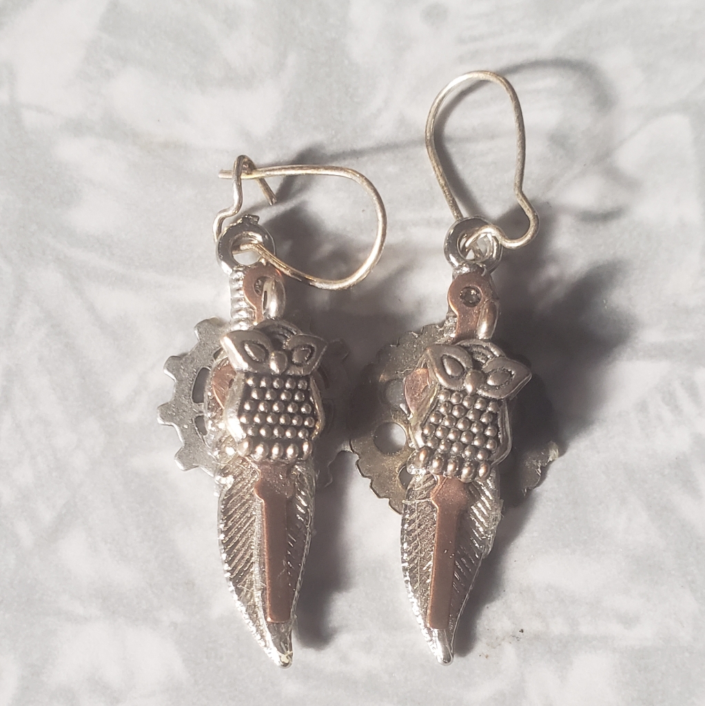 Feather And Owl Steam Punk Earings
